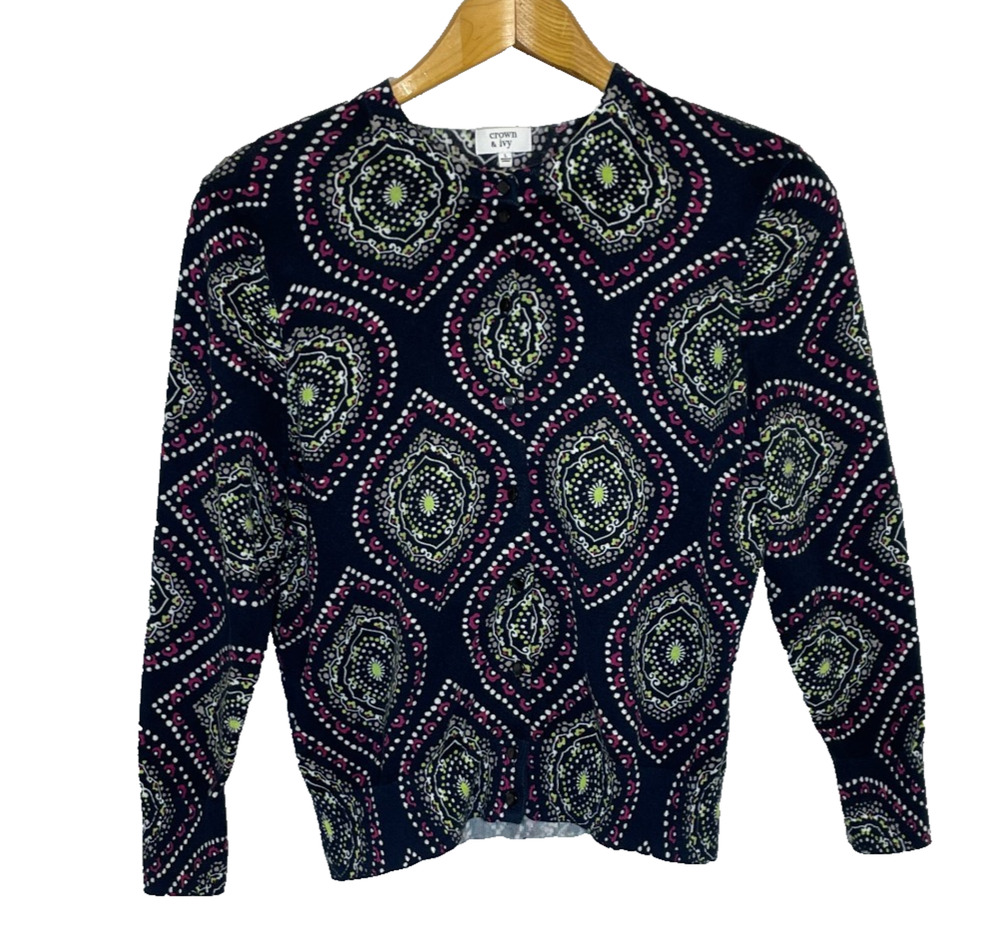 Women's Large Crown & Ivy Black Geometric Pattern Cotton Blend Cardigan Sweater